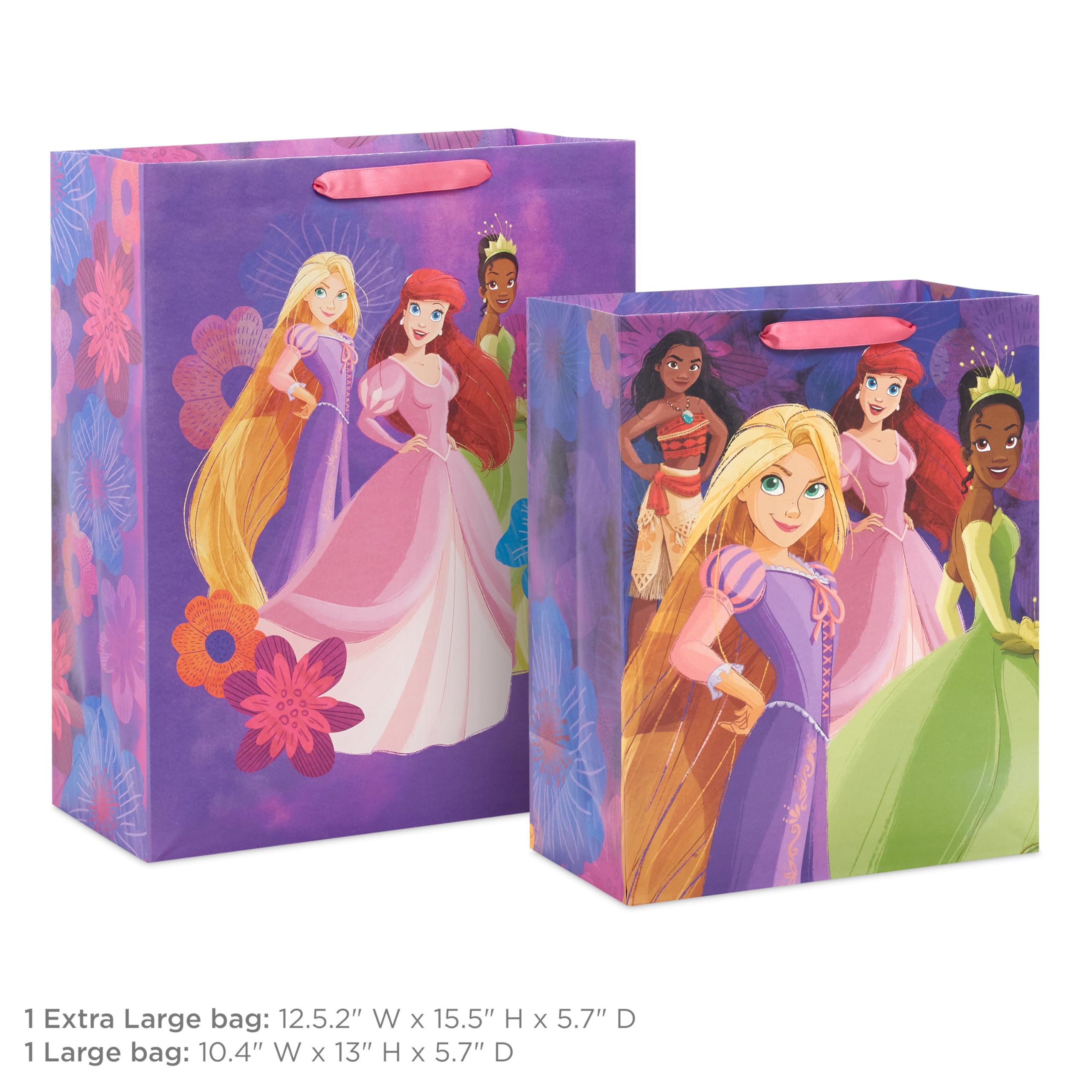 Hallmark Disney Princess Gift Bags (1 Large, 1 Extra Large) Ariel, Tiana, Rapunzel, Moana, Snow White, Belle