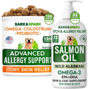 Advanced Dog Allergy + Salmon Oil Bundle - Itch Relief + Skin & Coat Support - Probiotics w/Fish Oil Omega 3 + EPA&DHA Fatty Acid - Skin Allergies + Skin&Coat Support - 120 Chews + 32oz - Made in USA