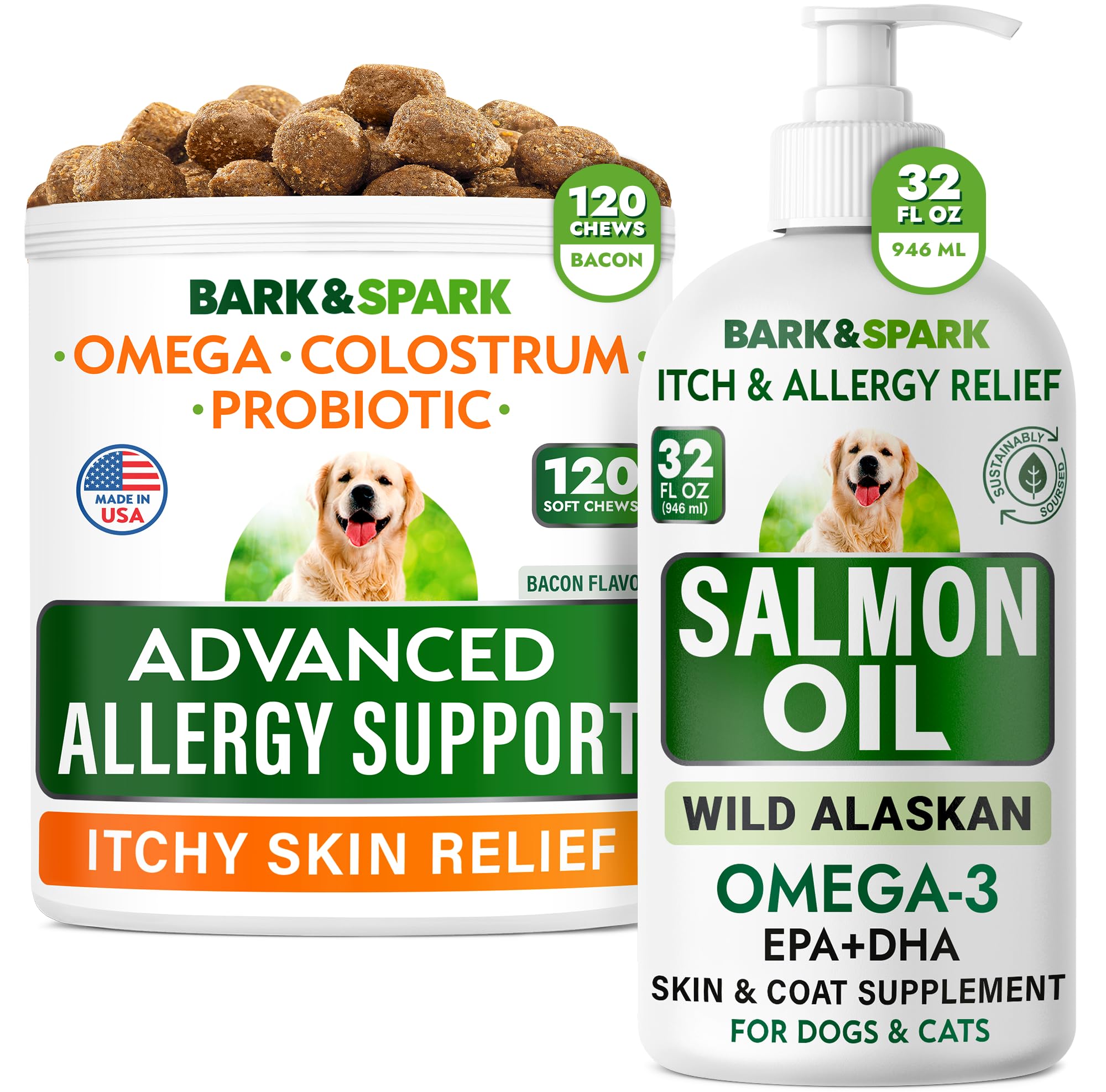 Advanced Dog Allergy + Salmon Oil Bundle - Itch Relief + Skin & Coat Support - Probiotics w/Fish Oil Omega 3 + EPA&DHA Fatty Acid - Skin Allergies + Skin&Coat Support - 120 Chews + 32oz - Made in USA