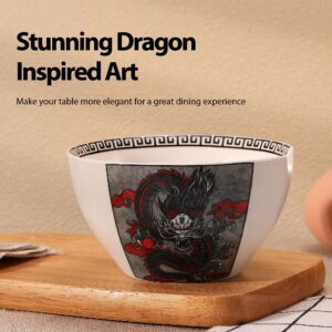 Hagary Dragon Ramen Bowl with Chopsticks Ceramic Bowl Stainless Steel Chopsticks Japanese Style Udon Miso Noodle Soup Bowls Housewarming Wedding Gifts Designed in Korea (Black, 30oz)