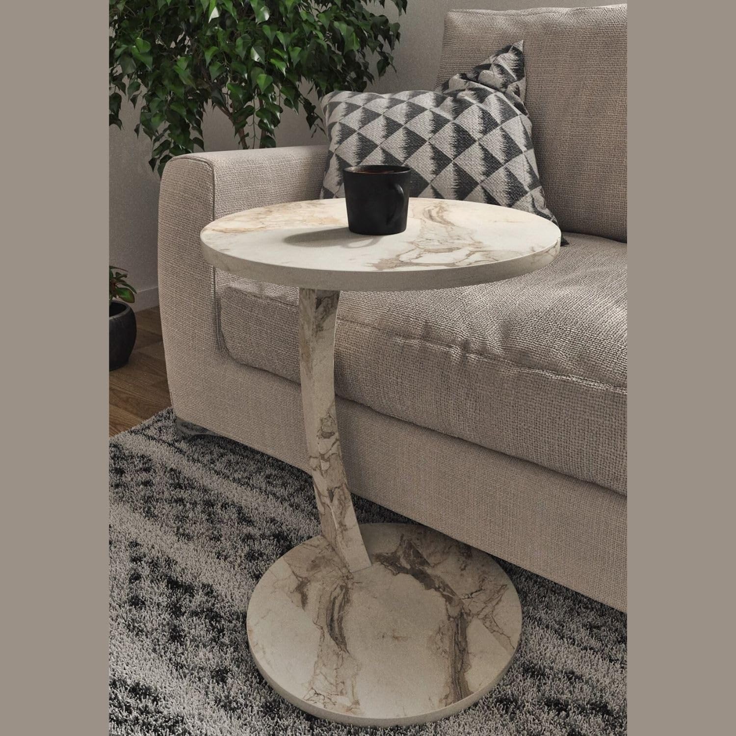 Furpinea C Shaped End Table for Couch Small Places, Faux Marble White Space Saver Round Side Table for Sofa and Bedside with Wheels, Coffee and Snack Time Tray for Living Room (White Marble)