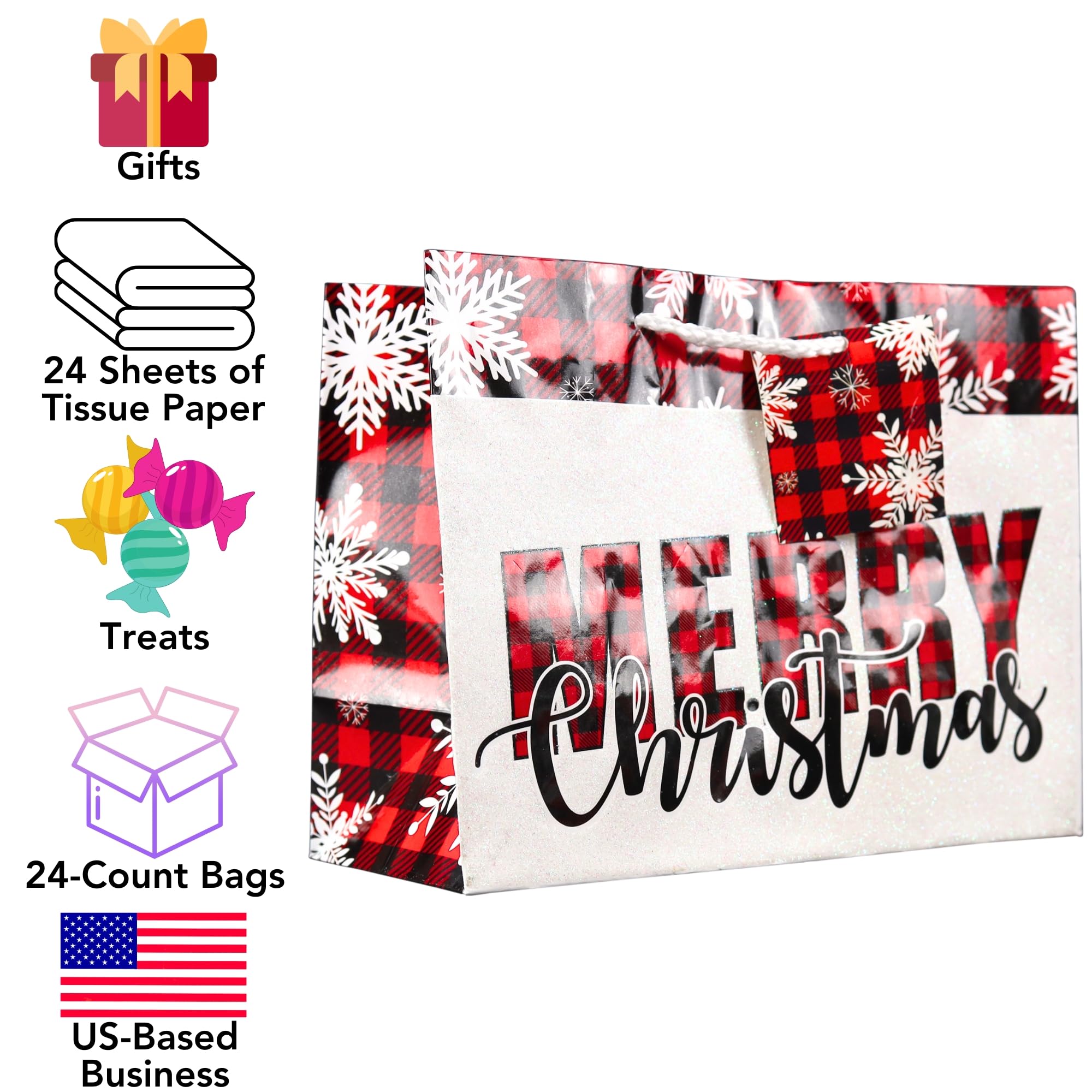 Iconikal Medium Gift Bags With Tissue Paper for Christmas 24-Pack Fun Bright Designs Merry Christmas, Joy, Holidays