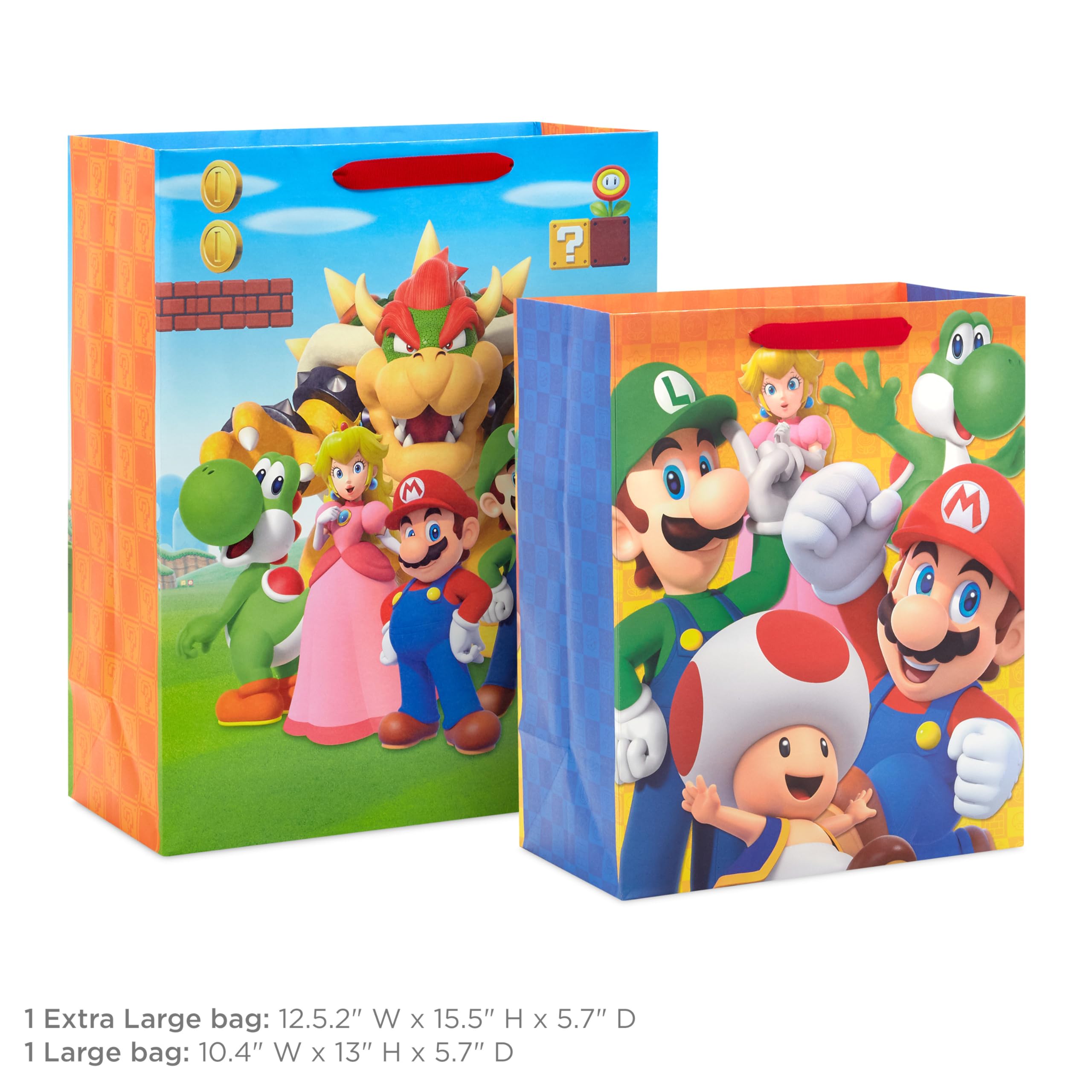 Hallmark Nintendo Super Mario Brothers Gift Bags (1 Large, 1 Extra Large) Luigi, Princess, Yoshi, Toad