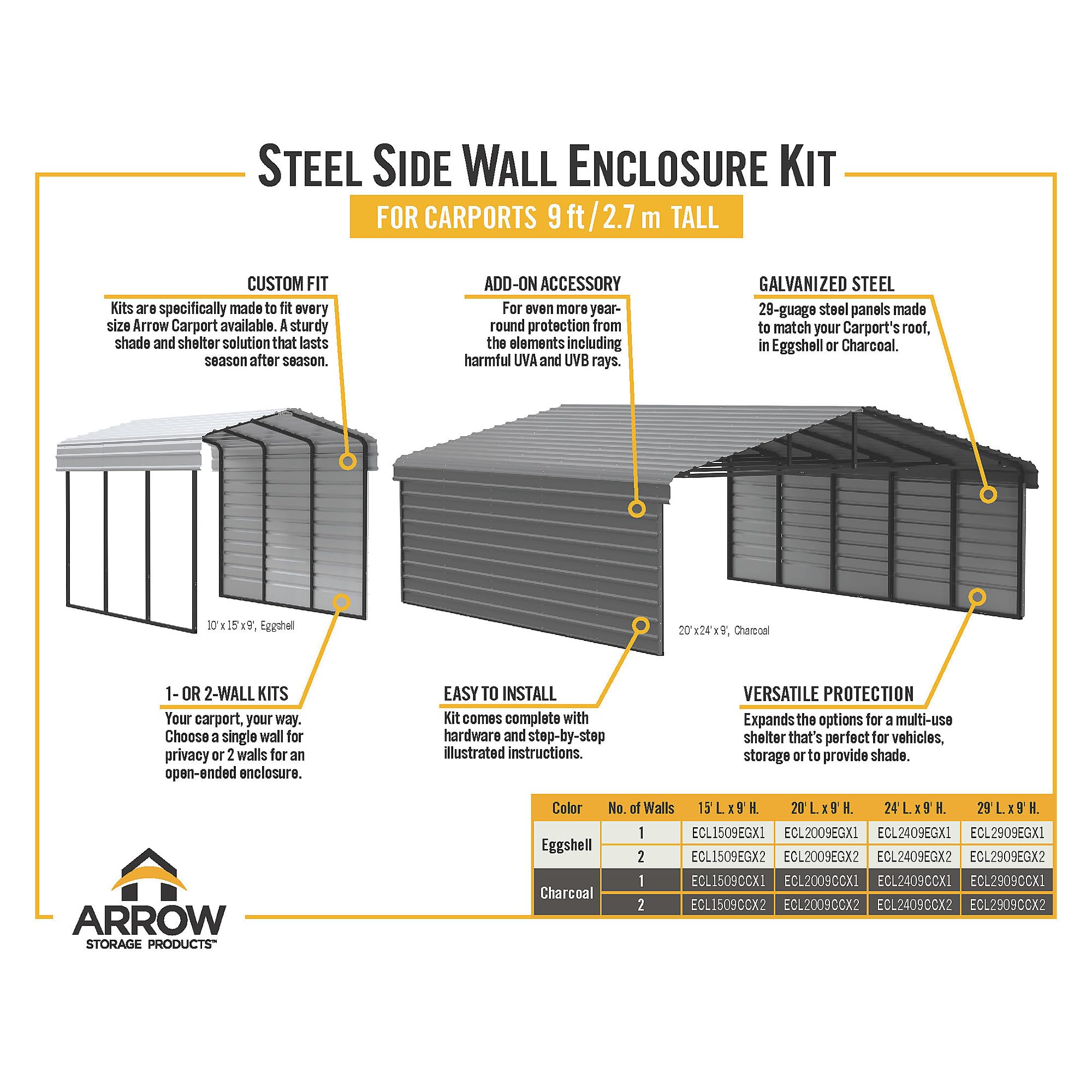 Arrow Carports Galvanized Steel Carport, with 1-Sided Enclosure, Compact Car Metal Carport Kit, 12' x 24' x 9', Charcoal