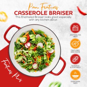 3.5 Qt Enameled Cast Iron Braiser Pan with Lid - With Customizable Knobs & Silicone Heat Grippers - Dutch Oven Cast Iron for Stir Fry & Baking - Braising Pan with Lid Oven Safe Upto 500F