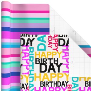 Hallmark Birthday Wrapping Paper Rolls - Flowers, Stripes, Pink, Teal and Black Polka Dots Gift Wrap Paper (Set of 6 Rolls: 180 sq. ft. ttl.)