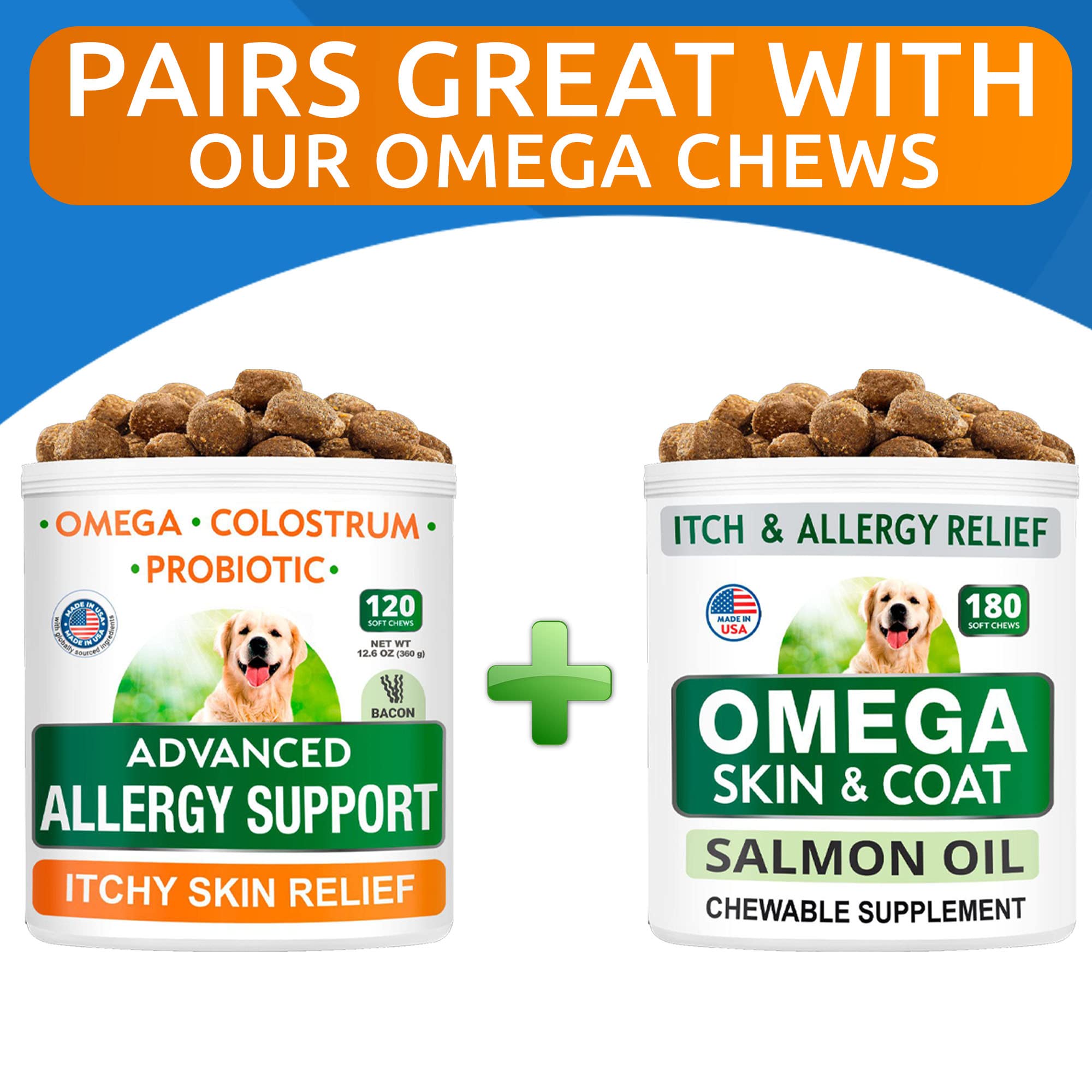 Advanced Dog Allergy + Salmon Oil Bundle - Itch Relief + Skin & Coat Support - Probiotics w/Fish Oil Omega 3 + EPA&DHA Fatty Acid - Skin Allergies + Skin&Coat Support - 120 Chews + 32oz - Made in USA