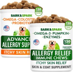 advanced dog allergy + allergy relief bundle - itch relief + anti-itch skin & coat - probiotics w/fish oil omega 3 + epa&dha fatty acid - skin allergies + itching&paw licking - 240 chews - made in usa