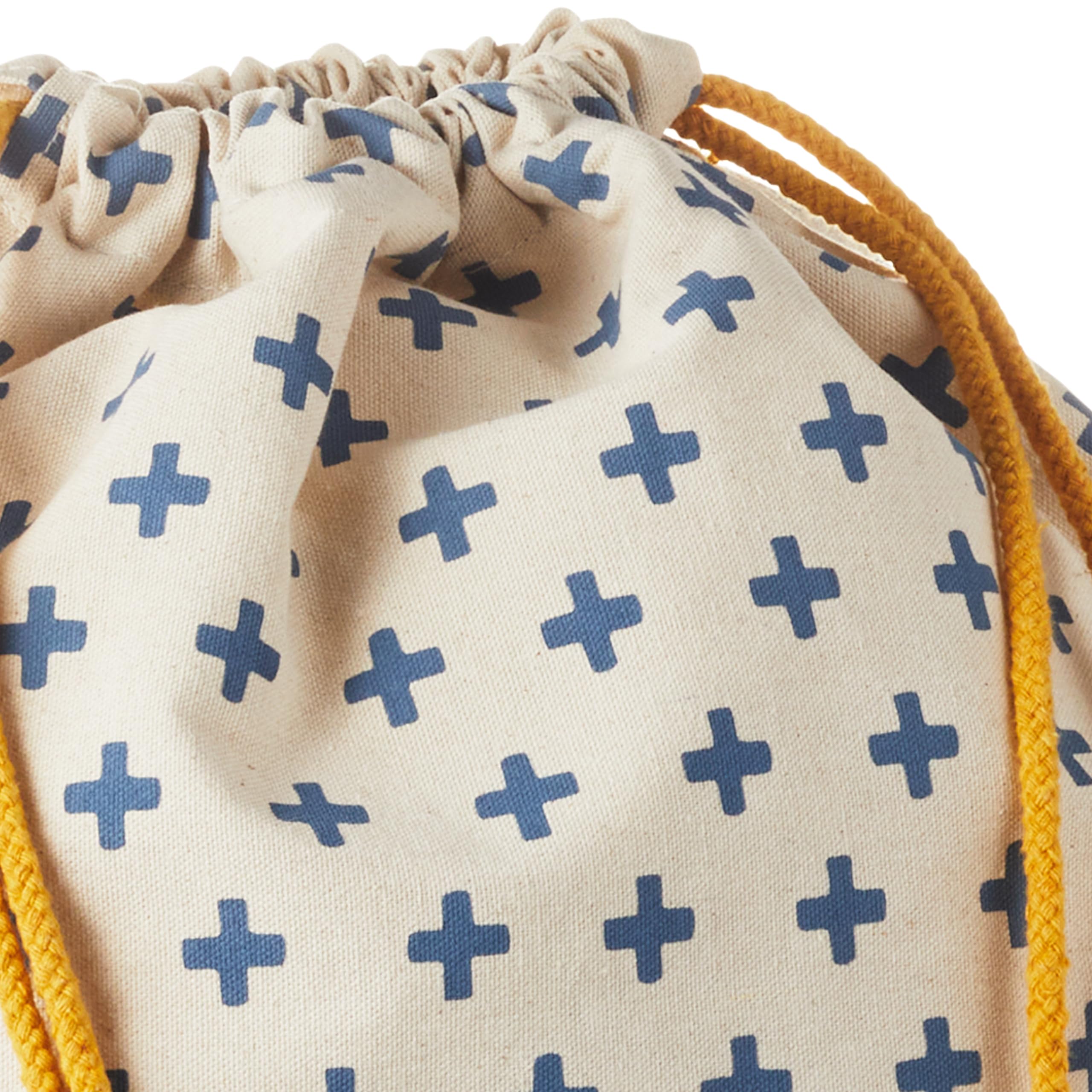 Hallmark 19" Large Canvas Bag with Yellow Drawstring (Ivory and Blue) for Birthdays, Baby Showers, Father's Day