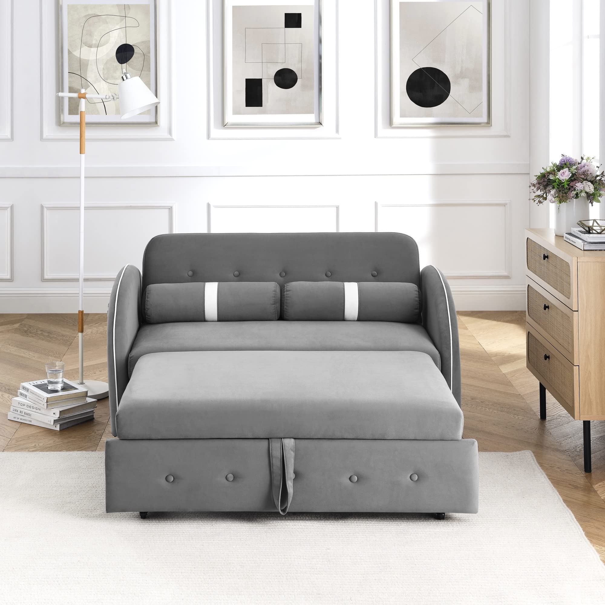 Holaki Modern 55.5" Pull Out Sleep Sofa Bed 2 Seater Loveseats Sofa Convertible Couch with Side Pockets, Adjsutable Backrest and Lumbar Pillows for Apartment Office Living Room(Grey)