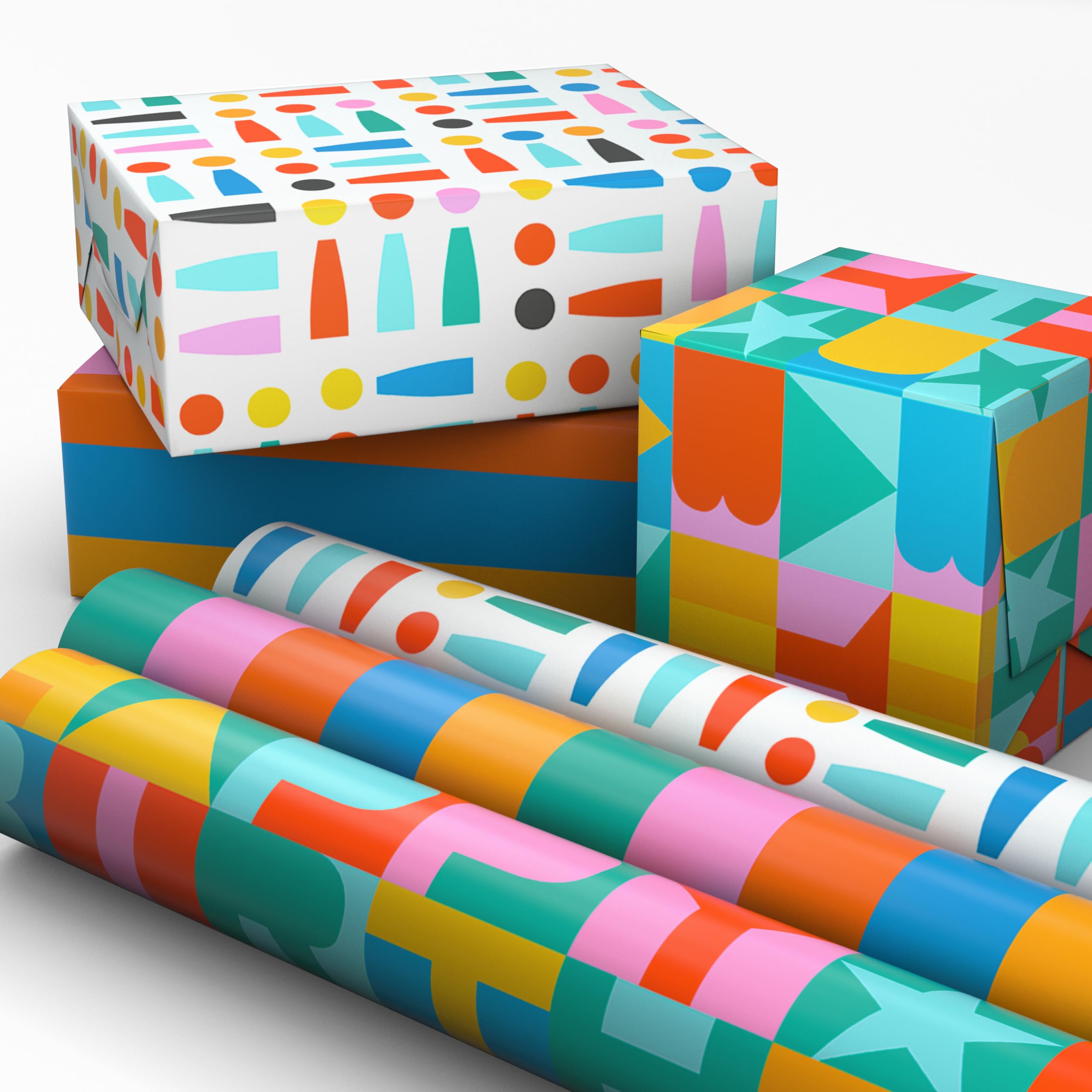 Hallmark Birthday Wrapping Paper Mini Rolls, 3-Pack (Rainbow Block Letters, Stripes, Exclamation Points) for Birthdays, Graduations, Celebrations, Any Occasion - 45 Sq. Ft. Total