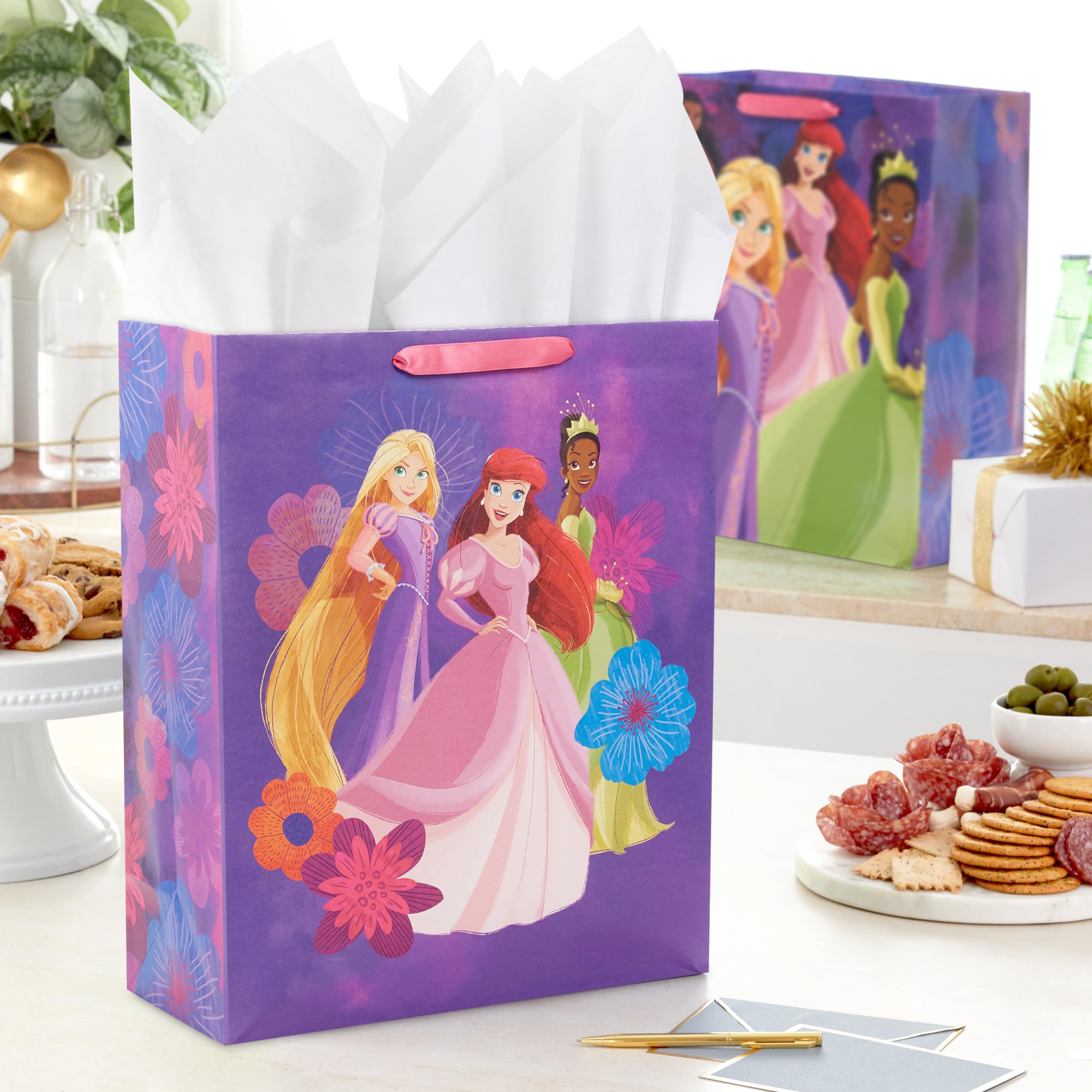 Hallmark Disney Princess Gift Bags (1 Large, 1 Extra Large) Ariel, Tiana, Rapunzel, Moana, Snow White, Belle