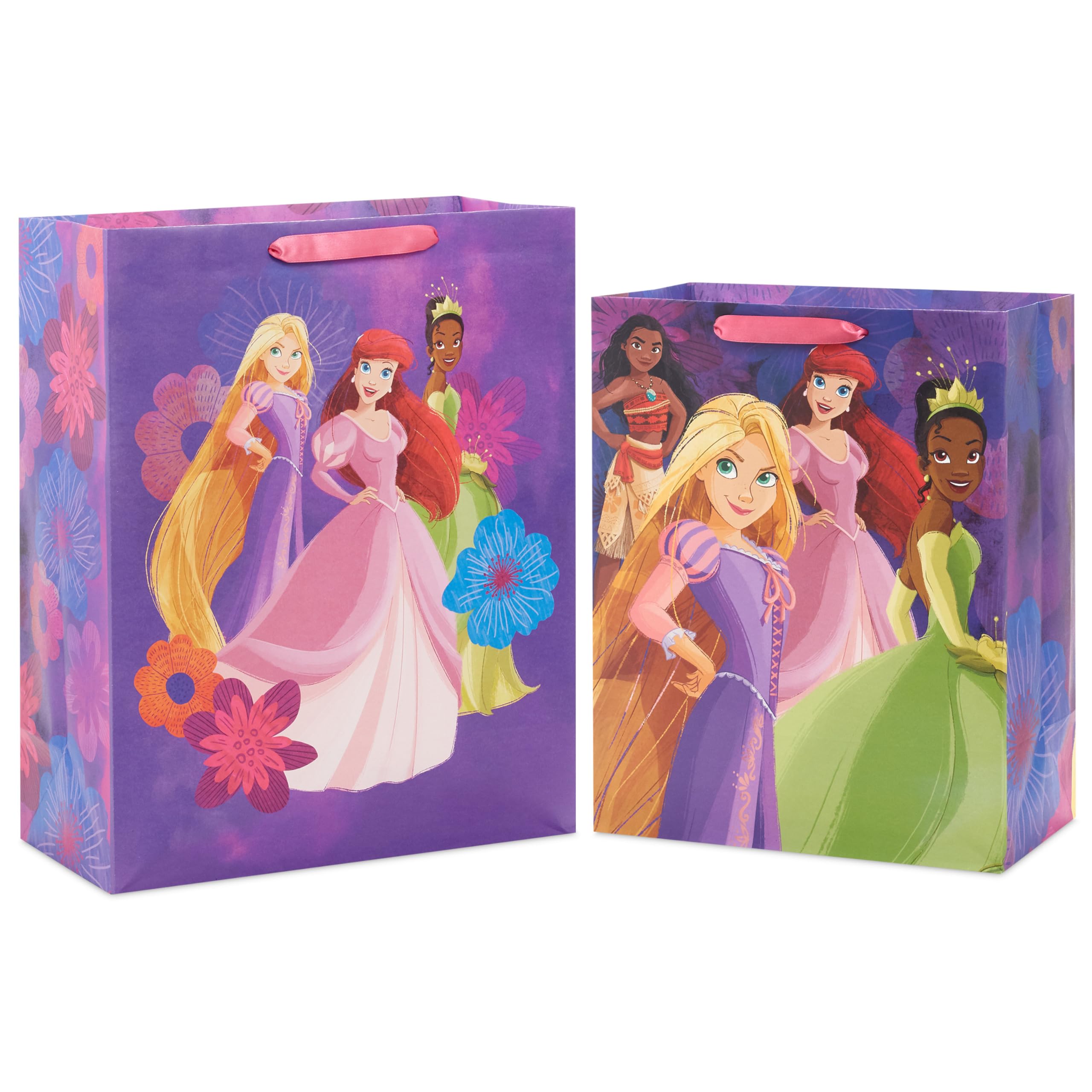 Hallmark Disney Princess Gift Bags (1 Large, 1 Extra Large) Ariel, Tiana, Rapunzel, Moana, Snow White, Belle