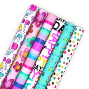 hallmark birthday wrapping paper rolls - flowers, stripes, pink, teal and black polka dots gift wrap paper (set of 6 rolls: 180 sq. ft. ttl.)