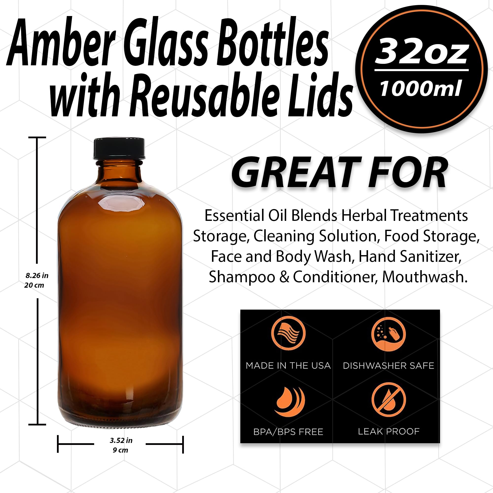 (2 Pack) - 32 oz Amber Glass Boston Round Bottles with Black 33-400 Airtight Phenolic Polycone Caps - Perfect Glass Containers for Secondary Fermentation, Storing condiment, Homemade Essential Oils