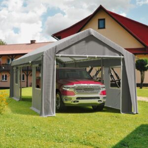 12'x20'heavy duty carport canopy portable garage 4 roll-up doors & 4 windows all-season tarp for car truck boat storage, gray