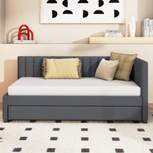 Merax Twin Size Upholstered Daybed with Trundle Wooden Sofa Bed Frame for Living, Guest, Children's Room, No Box Spring Needed, Easy Assembly, Gray