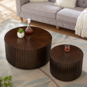 Round Wood Coffee Table Set of 2, Handcraft Drum Side Table End Table for Living Room, Modern Circle Wooden End Table Set for Small Space, No Need Assembly(Deep Brown,31x31x16 in)