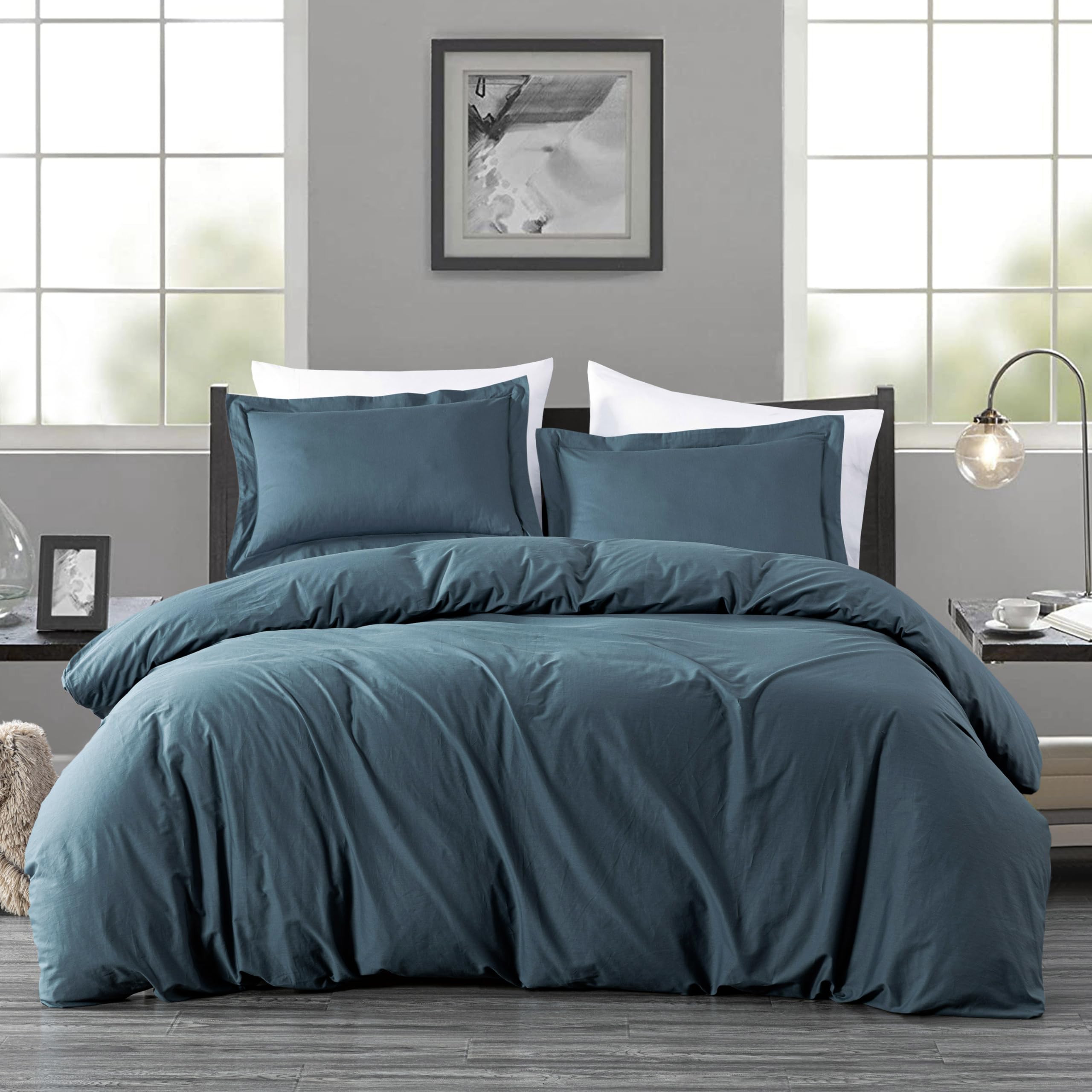 Chezmoi Collection Solid China Blue 100% Cotton Duvet Cover Set Queen Size, 3-Piece Luxury Soft Breathable Smooth Cooling 250TC Cotton Twill Comforter Cover with Button Closure