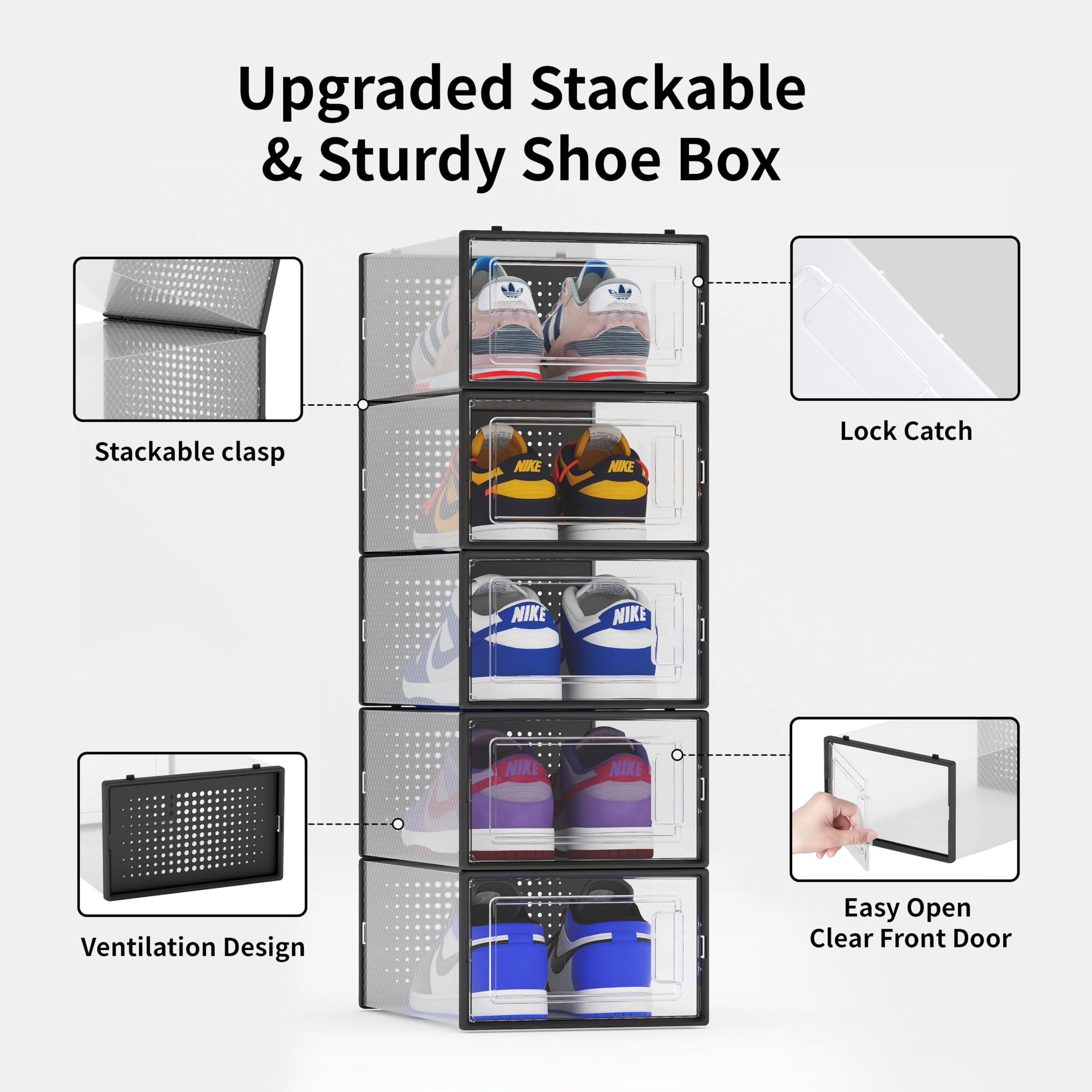 12 Pack Shoe Storage Bins, Clear Plastic Stackable Shoe Organizer for Closet, Space Saving Foldable Shoe Rack, Shoe Box Sneaker Holder Container, Black Frame