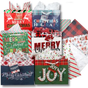 Iconikal Medium Gift Bags With Tissue Paper for Christmas 24-Pack Fun Bright Designs Merry Christmas, Joy, Holidays