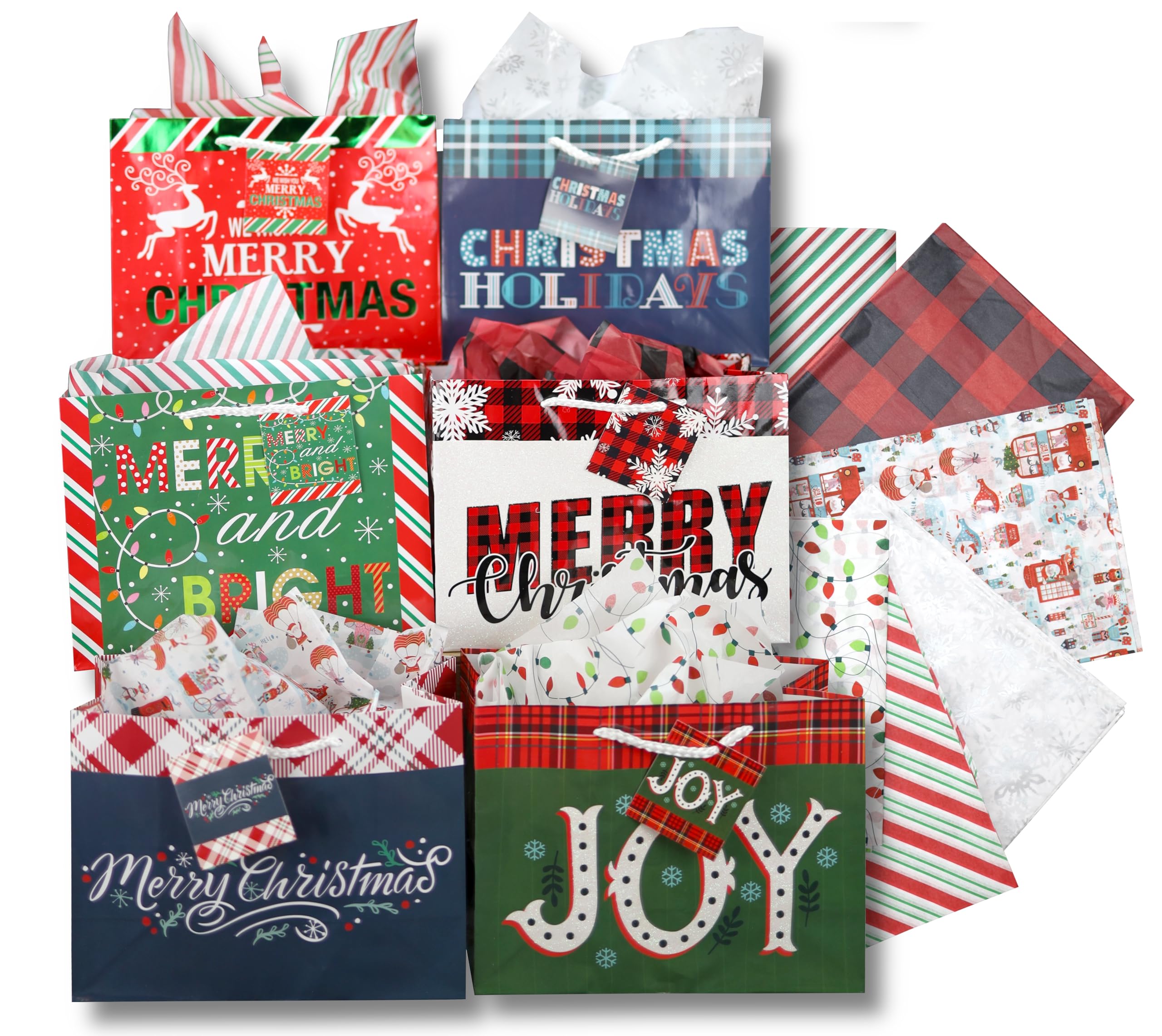 Iconikal Medium Gift Bags With Tissue Paper for Christmas 24-Pack Fun Bright Designs Merry Christmas, Joy, Holidays