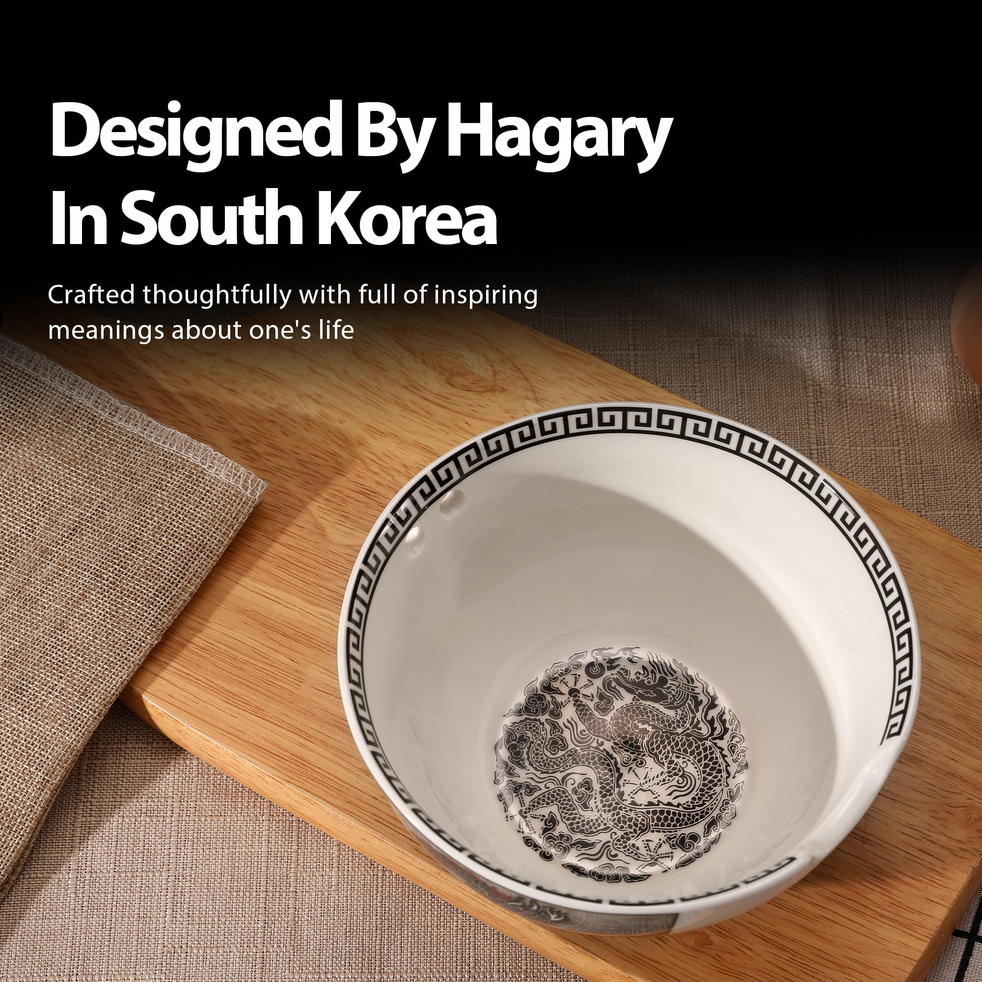 Hagary Dragon Ramen Bowl with Chopsticks Ceramic Bowl Stainless Steel Chopsticks Japanese Style Udon Miso Noodle Soup Bowls Housewarming Wedding Gifts Designed in Korea (Black, 30oz)