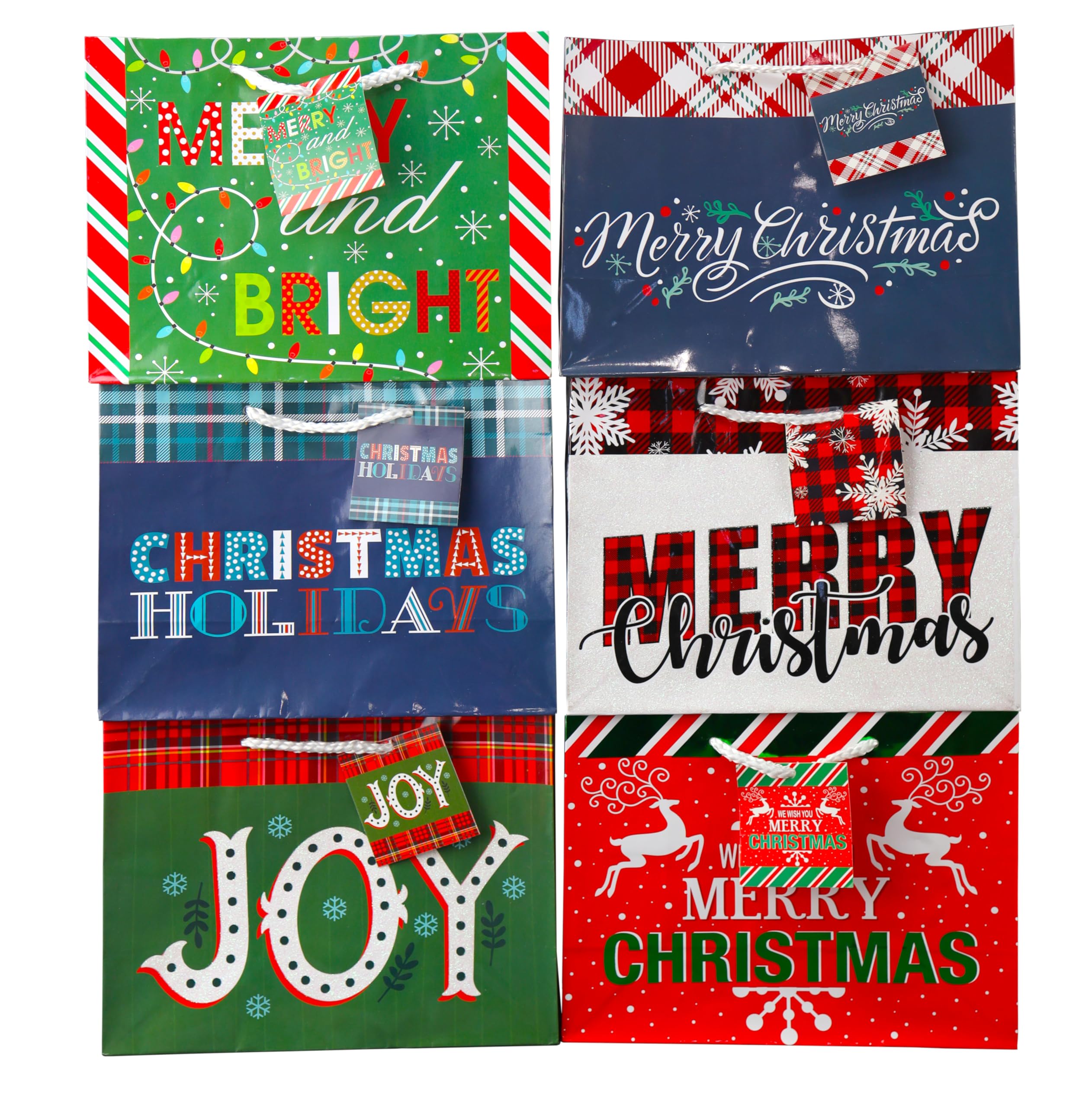 Iconikal Medium Gift Bags With Tissue Paper for Christmas 24-Pack Fun Bright Designs Merry Christmas, Joy, Holidays