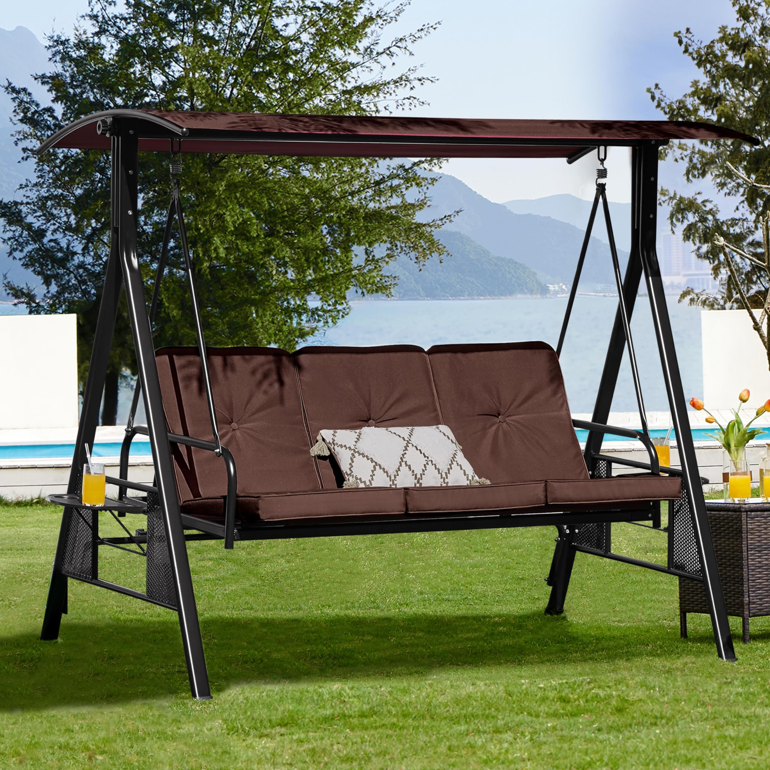 Yaheetech 3-Seat Outdoor Patio Swing Chair, Deluxe Outdoor Patio Porch Swing with Weather Resistant Steel Frame, Adjustable Tilt Canopy for Patio Garden Poolside Balcony Backyard, Dark Brown