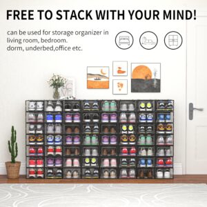 12 Pack Shoe Storage Bins, Clear Plastic Stackable Shoe Organizer for Closet, Space Saving Foldable Shoe Rack, Shoe Box Sneaker Holder Container, Black Frame