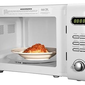 Emerson MWR7020W-N Retro Digital Microwave Oven with Timer & LED Display 700W with 5 Micro Power Levels, 8 Pre-Programmed Settings, Express & Defrost, with Child Safe Lock, 0.7 Cu. Ft, White