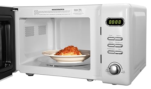 Emerson MWR7020W-N Retro Digital Microwave Oven with Timer & LED Display 700W with 5 Micro Power Levels, 8 Pre-Programmed Settings, Express & Defrost, with Child Safe Lock, 0.7 Cu. Ft, White