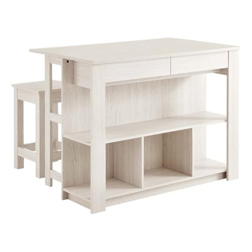 Modway Meadowbrook 3-Piece Kitchen Island with Seating and Drop-Leaf Table in White Maple - Freestanding and Small Space Kitchen Cart with Storage, Includes 2 Stools