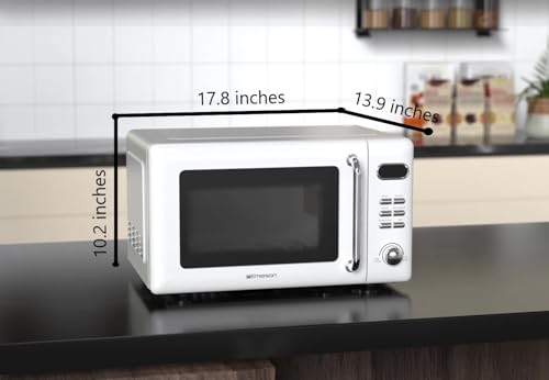 Emerson MWR7020W-N Retro Digital Microwave Oven with Timer & LED Display 700W with 5 Micro Power Levels, 8 Pre-Programmed Settings, Express & Defrost, with Child Safe Lock, 0.7 Cu. Ft, White