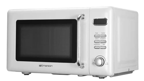 Emerson MWR7020W-N Retro Digital Microwave Oven with Timer & LED Display 700W with 5 Micro Power Levels, 8 Pre-Programmed Settings, Express & Defrost, with Child Safe Lock, 0.7 Cu. Ft, White