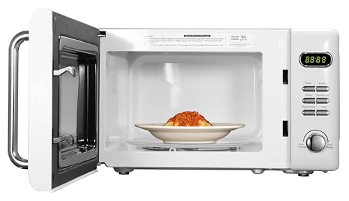 Emerson MWR7020W-N Retro Digital Microwave Oven with Timer & LED Display 700W with 5 Micro Power Levels, 8 Pre-Programmed Settings, Express & Defrost, with Child Safe Lock, 0.7 Cu. Ft, White