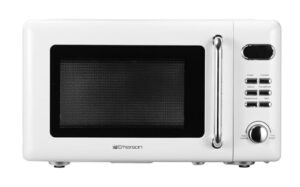 emerson mwr7020w-n retro digital microwave oven with timer & led display 700w with 5 micro power levels, 8 pre-programmed settings, express & defrost, with child safe lock, 0.7 cu. ft, white