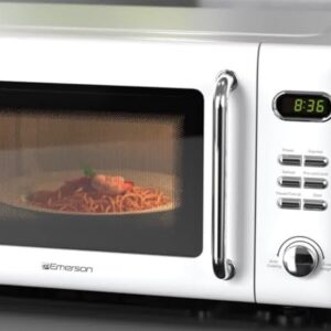 Emerson MWR7020W-N Retro Digital Microwave Oven with Timer & LED Display 700W with 5 Micro Power Levels, 8 Pre-Programmed Settings, Express & Defrost, with Child Safe Lock, 0.7 Cu. Ft, White