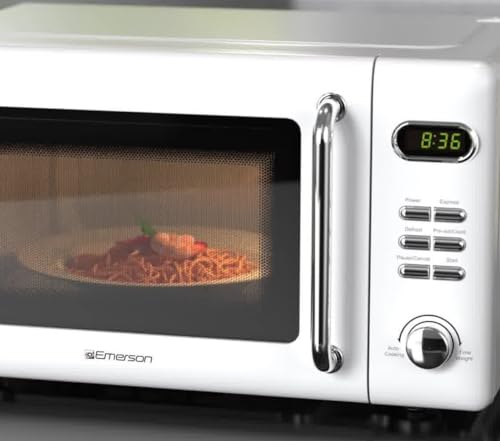 Emerson MWR7020W-N Retro Digital Microwave Oven with Timer & LED Display 700W with 5 Micro Power Levels, 8 Pre-Programmed Settings, Express & Defrost, with Child Safe Lock, 0.7 Cu. Ft, White