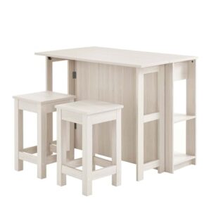 Modway Meadowbrook 3-Piece Kitchen Island with Seating and Drop-Leaf Table in White Maple - Freestanding and Small Space Kitchen Cart with Storage, Includes 2 Stools