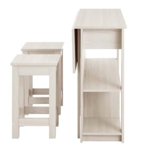 Modway Meadowbrook 3-Piece Kitchen Island with Seating and Drop-Leaf Table in White Maple - Freestanding and Small Space Kitchen Cart with Storage, Includes 2 Stools