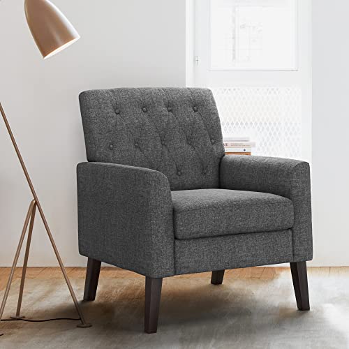 LUE BONA Upholstered Linen Accent Chair 18.5" H, Comfy Living Room Chair with Arms, Button Tufted Arm Chairs, Modern Armchair for Small Space, Bedroom, Living Room, Carbon Gray