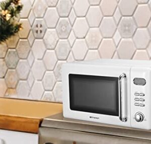 Emerson MWR7020W-N Retro Digital Microwave Oven with Timer & LED Display 700W with 5 Micro Power Levels, 8 Pre-Programmed Settings, Express & Defrost, with Child Safe Lock, 0.7 Cu. Ft, White