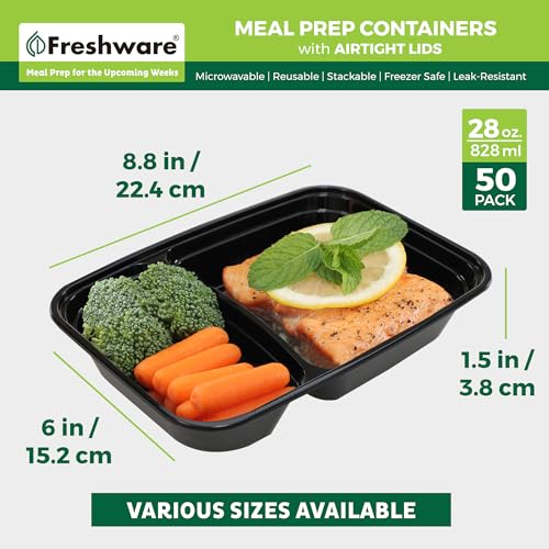 Freshware Meal Prep Containers [50 Pack] 2 Compartment with Lids, Food Storage Containers, Bento Box, BPA Free, Stackable, Microwave/Dishwasher/Freezer Safe (28 oz)