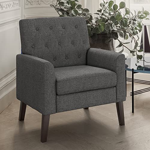 LUE BONA Upholstered Linen Accent Chair 18.5" H, Comfy Living Room Chair with Arms, Button Tufted Arm Chairs, Modern Armchair for Small Space, Bedroom, Living Room, Carbon Gray