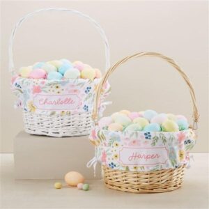 Personalization Universe Personalized Easter Flowers Hand-Woven Easter Basket with Folding Handle, Baby's First Easter, Perfect for Basket Stuffers, Girls - Natural