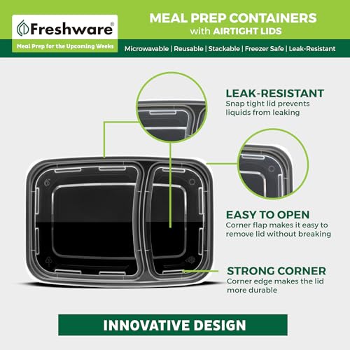 Freshware Meal Prep Containers [50 Pack] 2 Compartment with Lids, Food Storage Containers, Bento Box, BPA Free, Stackable, Microwave/Dishwasher/Freezer Safe (28 oz)