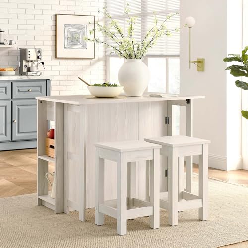 Modway Meadowbrook 3-Piece Kitchen Island with Seating and Drop-Leaf Table in White Maple - Freestanding and Small Space Kitchen Cart with Storage, Includes 2 Stools