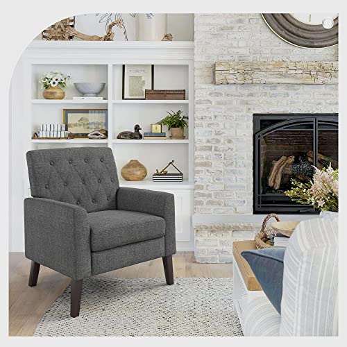 LUE BONA Upholstered Linen Accent Chair 18.5" H, Comfy Living Room Chair with Arms, Button Tufted Arm Chairs, Modern Armchair for Small Space, Bedroom, Living Room, Carbon Gray