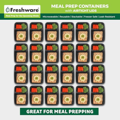 Freshware Meal Prep Containers [50 Pack] 2 Compartment with Lids, Food Storage Containers, Bento Box, BPA Free, Stackable, Microwave/Dishwasher/Freezer Safe (28 oz)